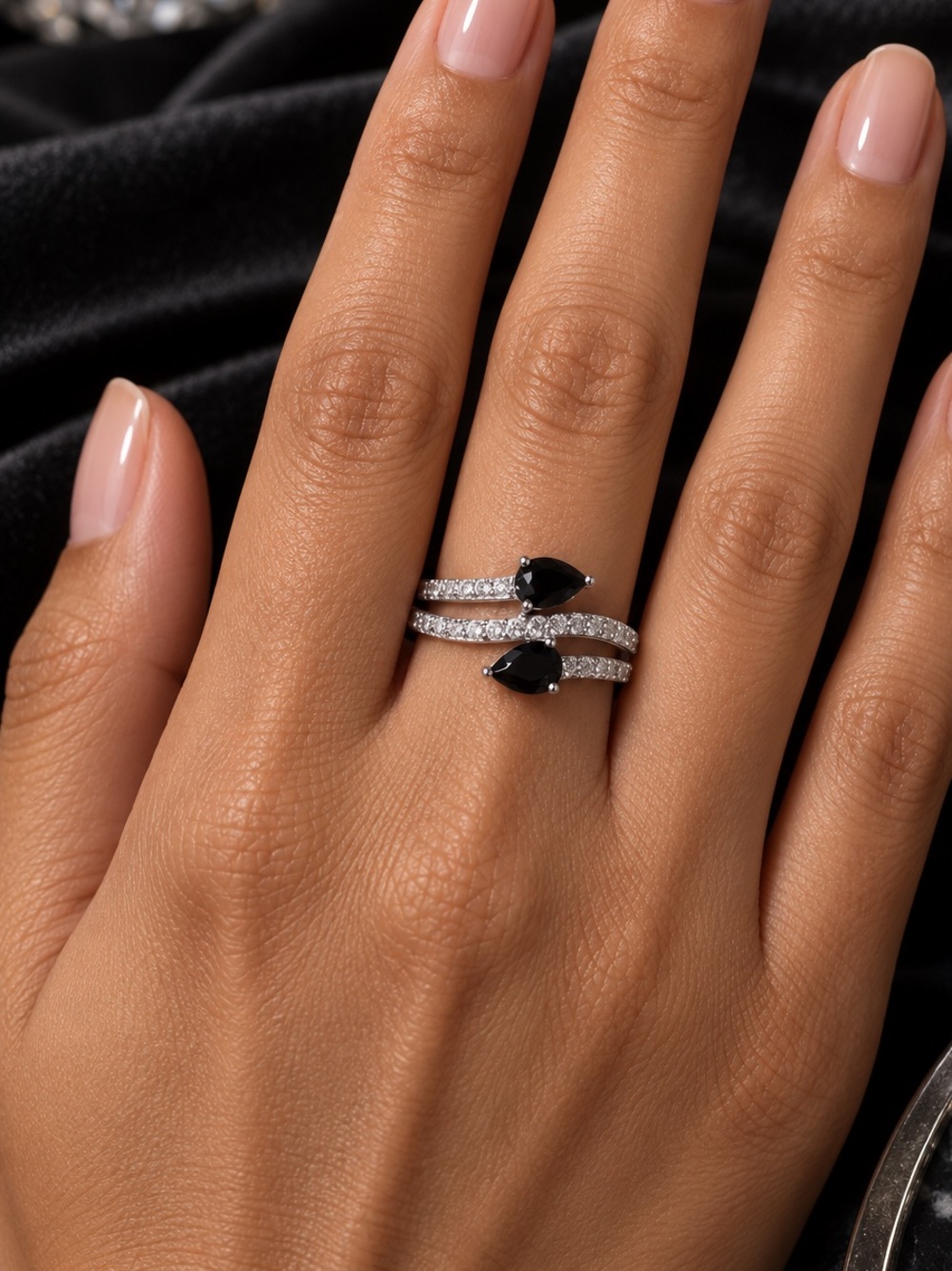 Genuine Onyx Stones and CZ Sterling Silver Bypass Cocktail Ring, Size 9